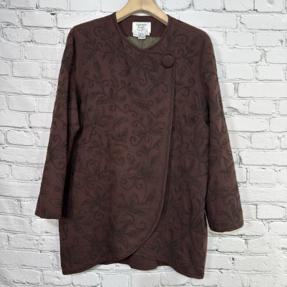 Carmen Marc‎ Valvo Wool Coat Size 16 Poncho Cape With Sleeves Embroidered Lined